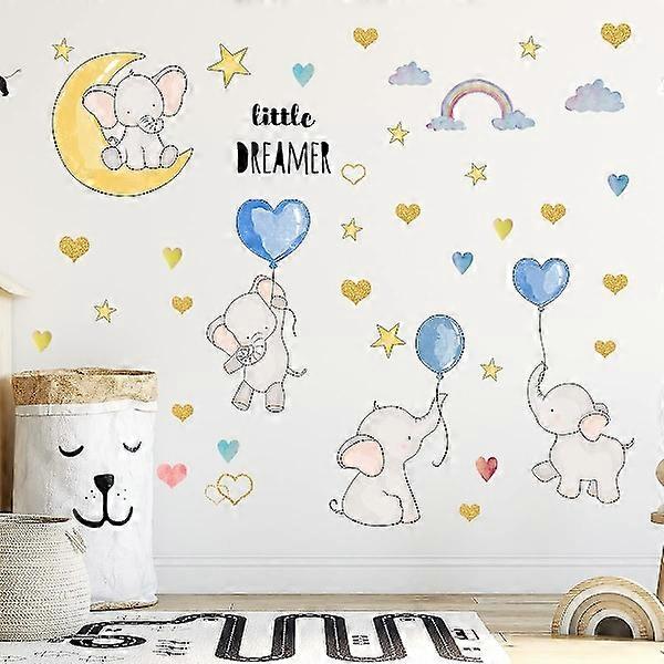 フライングベイビーエレファントウォールデカール、月のハートを持つ漫画のかわいい素敵なエレファント