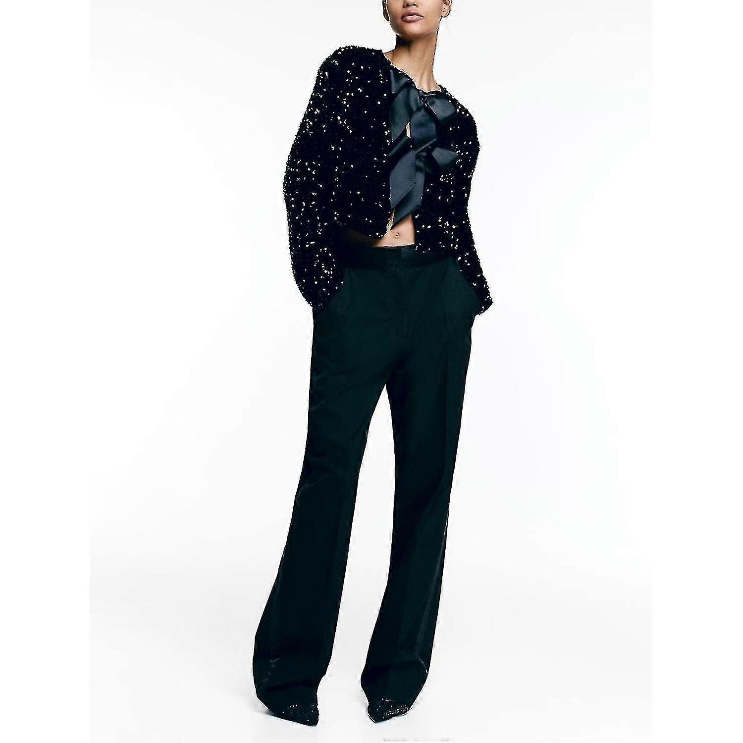 Black Bow Tie-front Sequin Jacket Cardigan Top Short Jacket