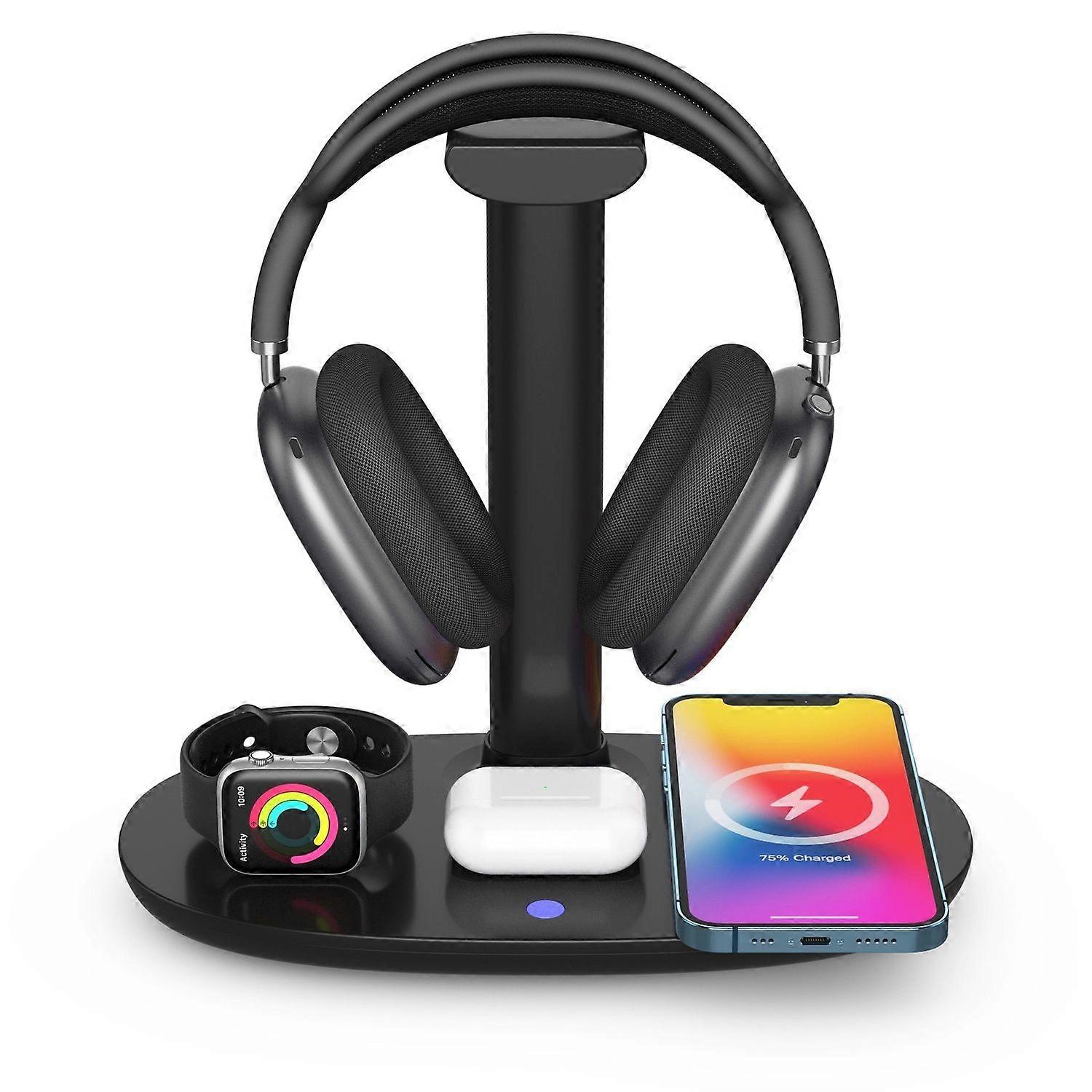 4 in 1 Wireless Charging Station with Headphone Holder 15W Wireless Charging Pad for iPhone 15-11 Pro Max/Mini iWatch 8/7/6/SE/5/4/3/2 AirPods(black)