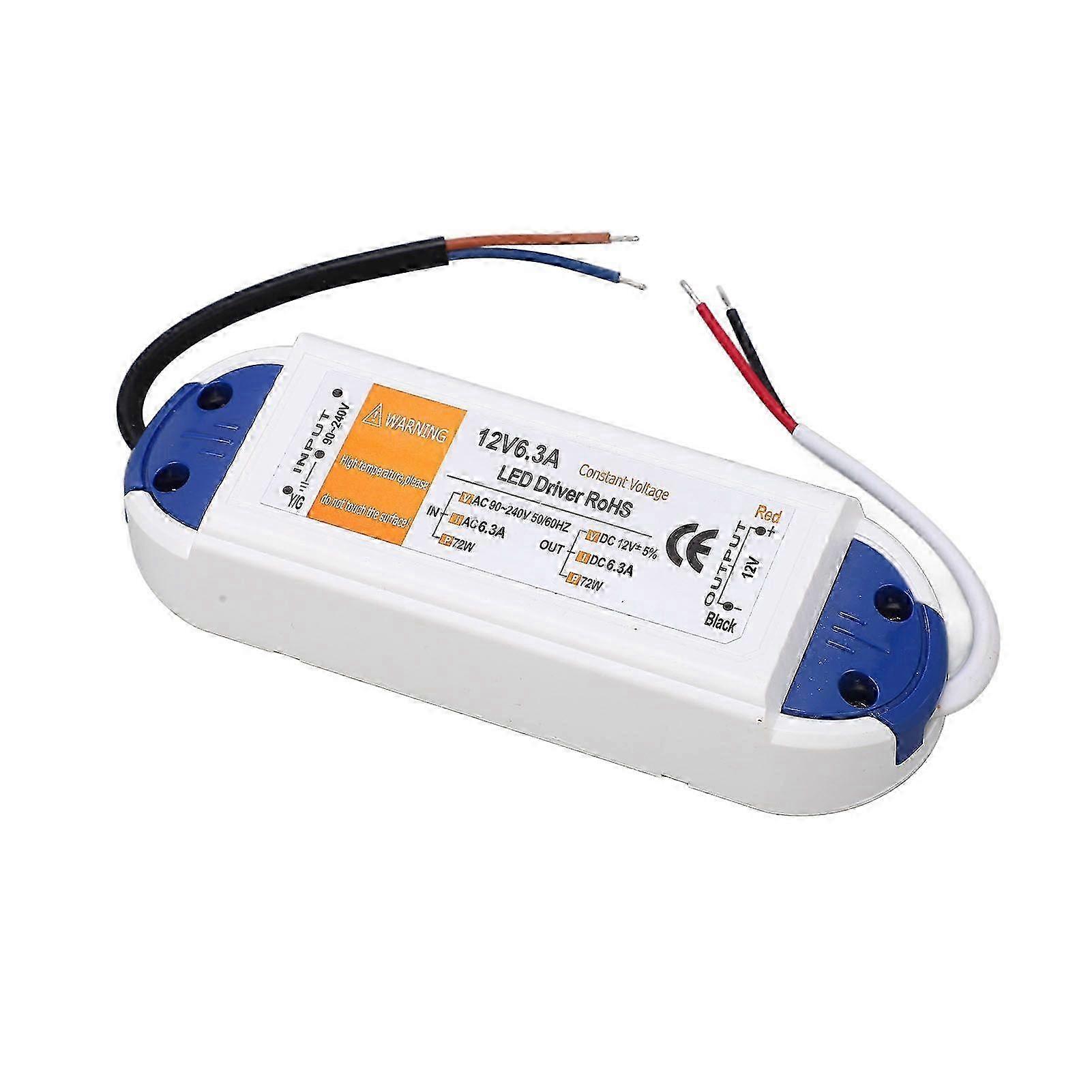 LED Power Transformer 12V DC 6.3A 72W with Overcurrent and Short Circuit Protection for LED Luminaires