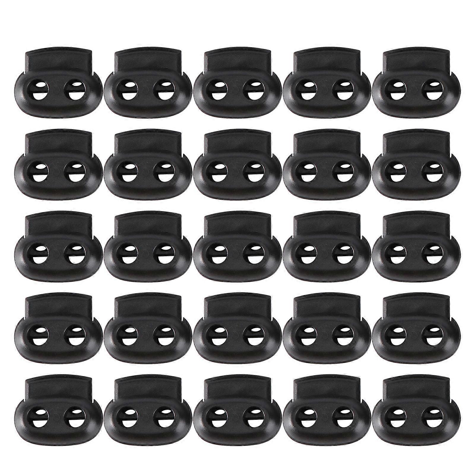 Black Universal Cord Lock Plastic Double Hole Stopper for Rope Fixed Use 50Pcs