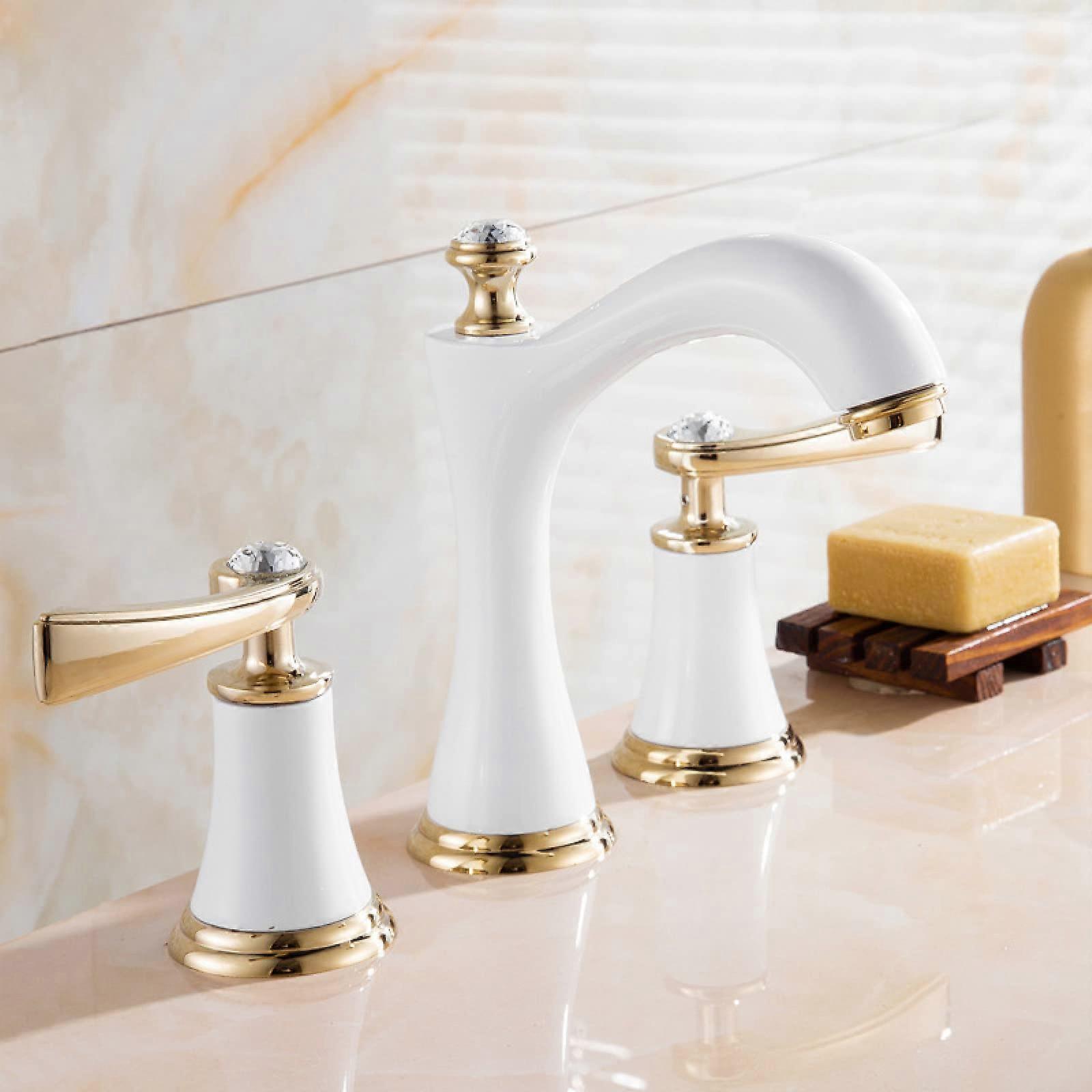 Bathroom Basin Mixer Retro 2Handle 3Hole Brass Sink Faucet Vanity Faucet White Gold Commemoration Day