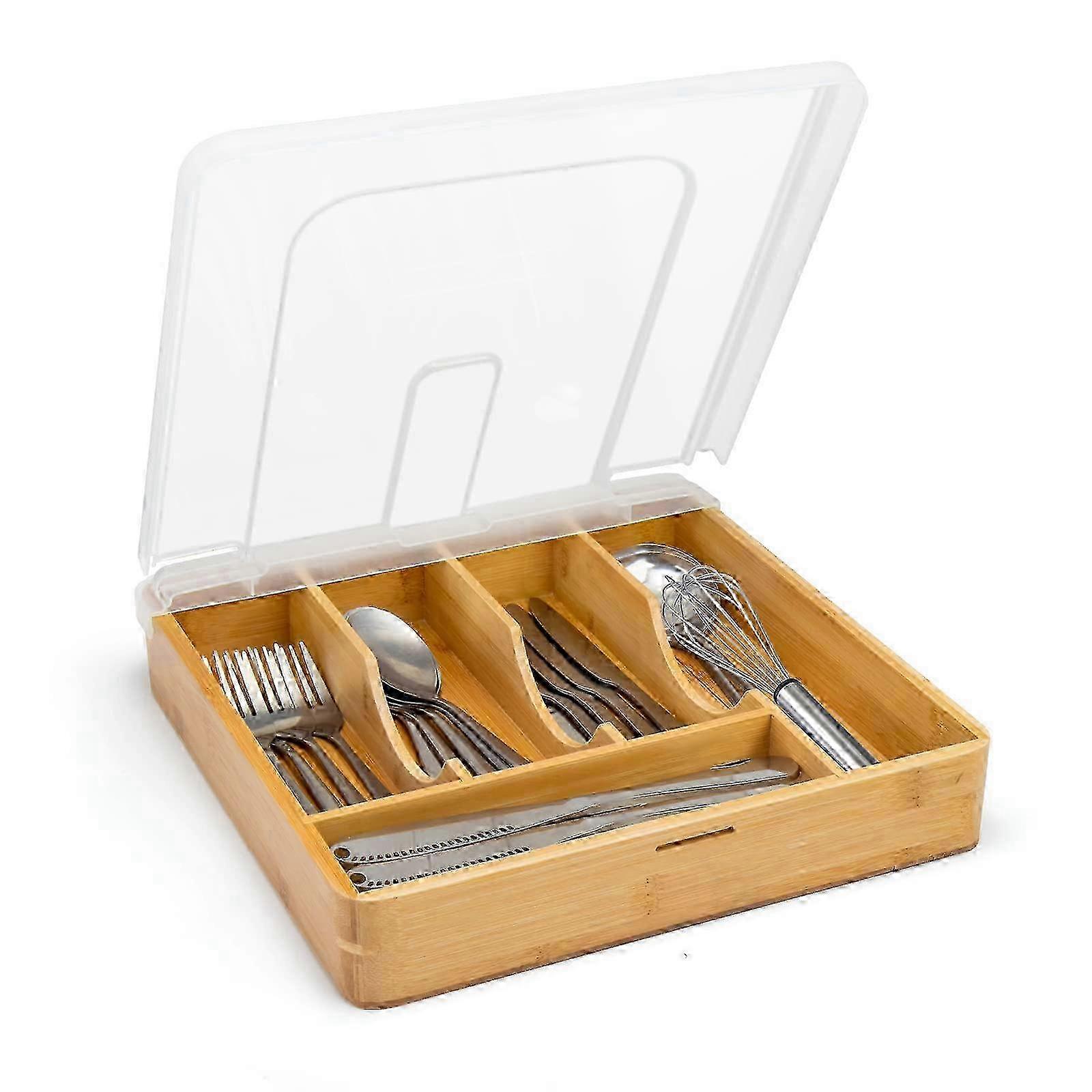 5-Compartment Bamboo Flatware Organizer with Lid - Adjustable Utensil Tray for Drawer or Countertop