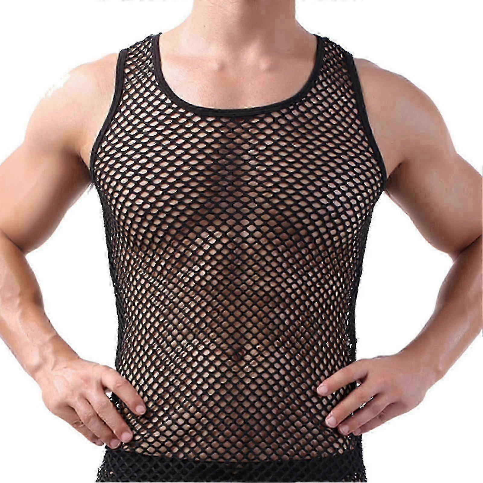 Fianao Men Undershirt Mesh See-Through Sleepwear Fish Net Pure Color Vest for Sleeping