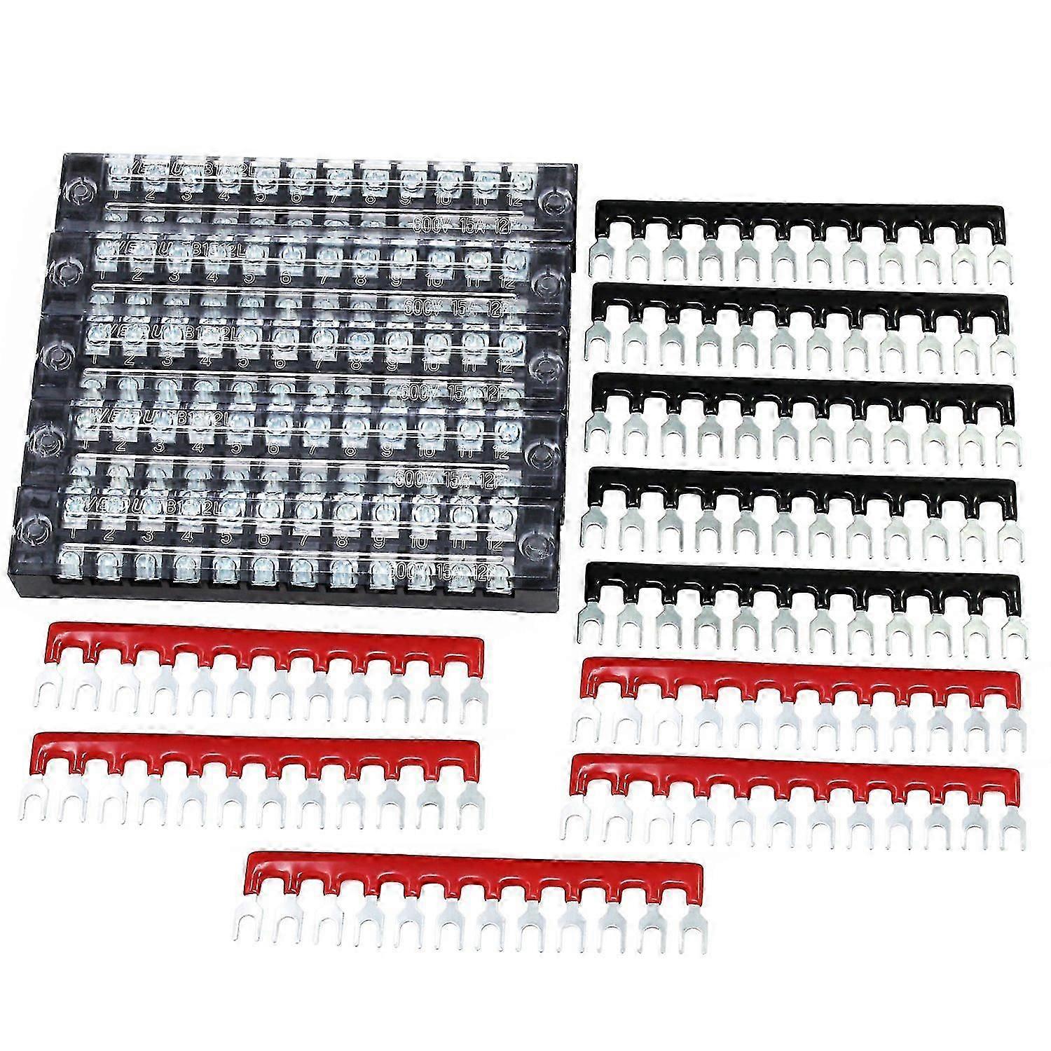 5 Sets Terminal Block 12Position 600V 15A Dual Row Screw Terminal Strip with 400V 15A Red and Black Insulated Terminal Barrier Jumper Strips