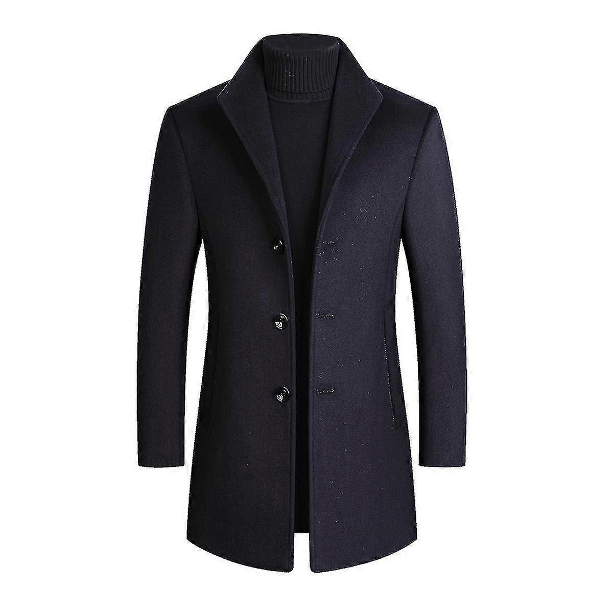 Mens Single-breasted Solid Lapel Thick Wool Overcoat