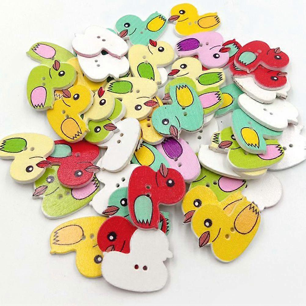 50pcs Buttons Duck Pattern Printed DIY Wooden Buttons Press Studs Snaps (Assorted Color)