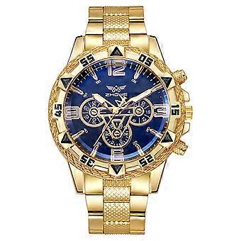 Relógio masculino com mostrador grande dourado, tela Blu-Ray, pulseira de aço e mecanismo de quartzo.