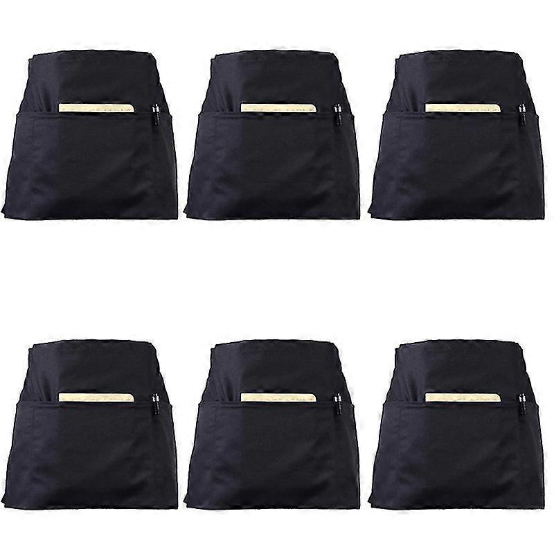 6 Pack Black Waist Aprons With 3 Pockets - Half Aprons For Waitress Waiter 24 X 12 Inch Server Apro