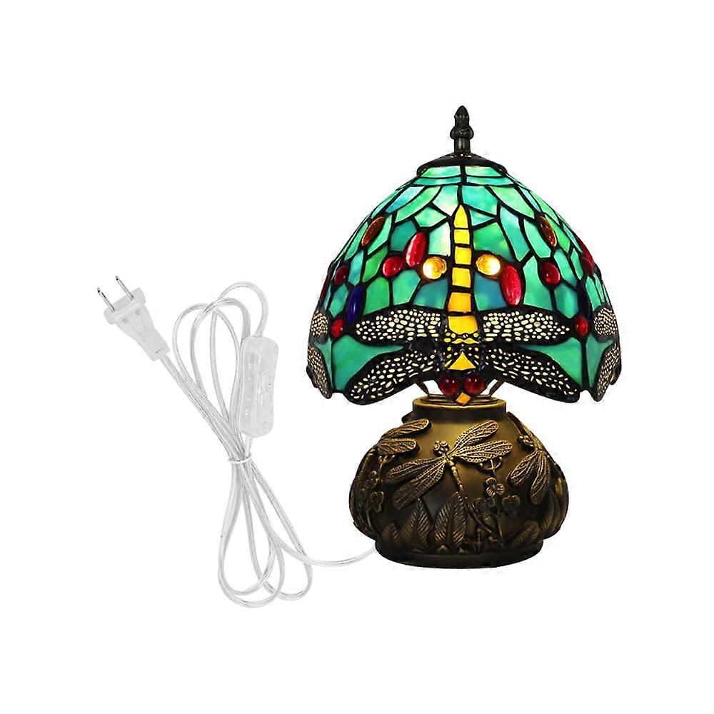 Table Lamp Vintage Stained Glass Shade Dragonfly Pattern Bedside Reading Light