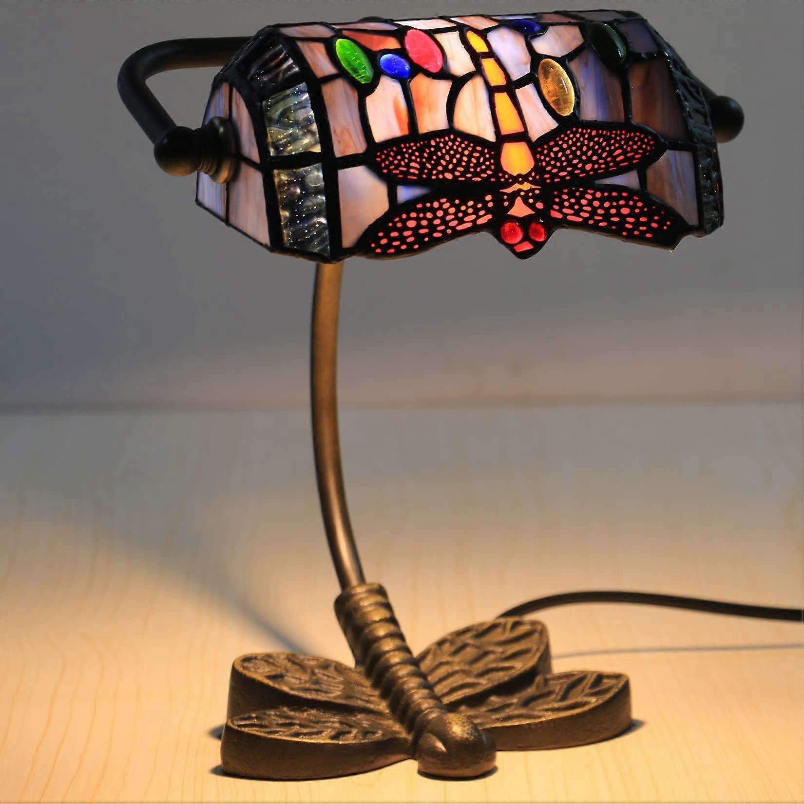 Mini Dragonfly Table Lamp with Stained Glass Shade and Antique Bronze Base, 10' Blue Purple