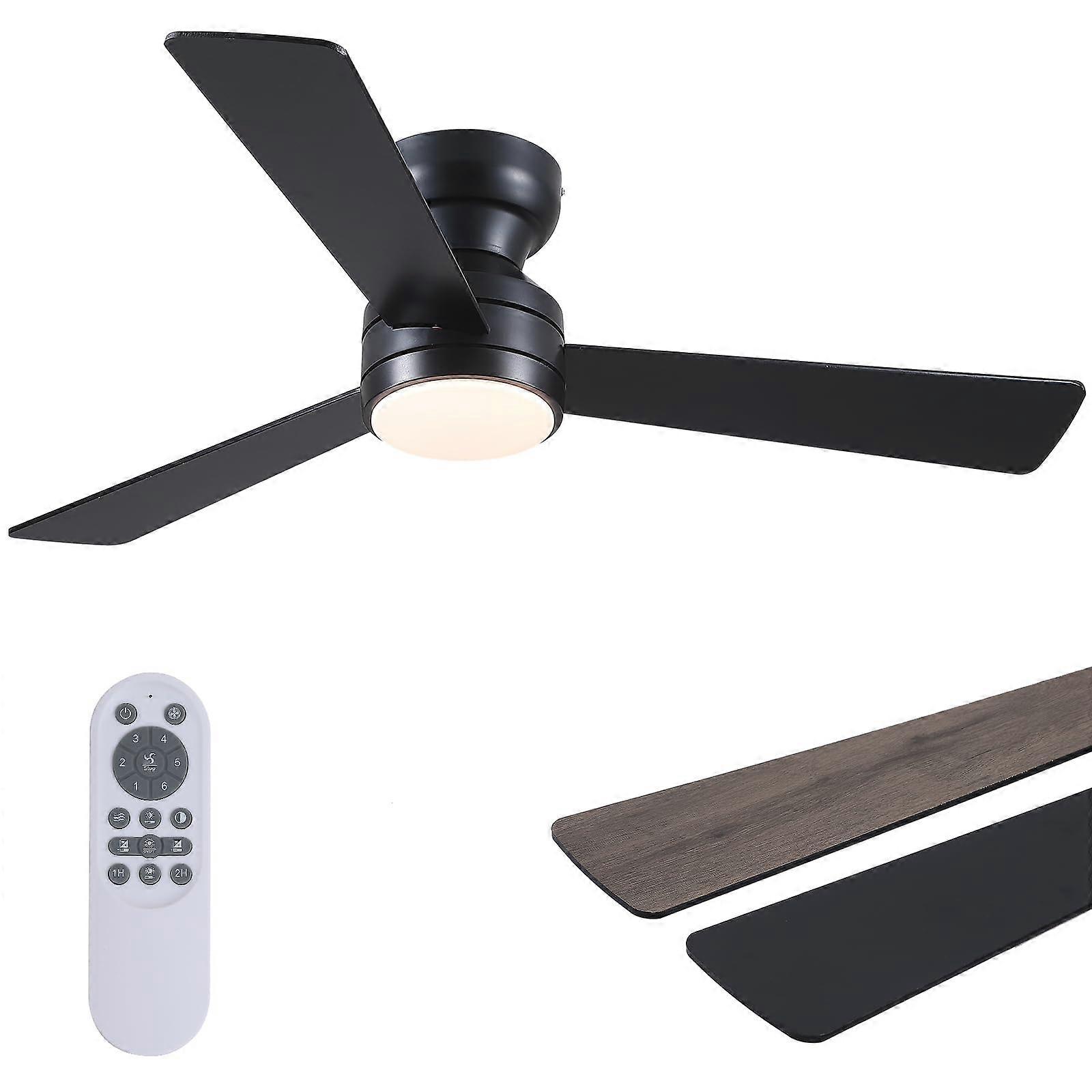 46 Inch Flush Mount Ceiling Fan with Lights Remote Control, Black 3 Blade, Dimmable LED, Quiet Reversible
