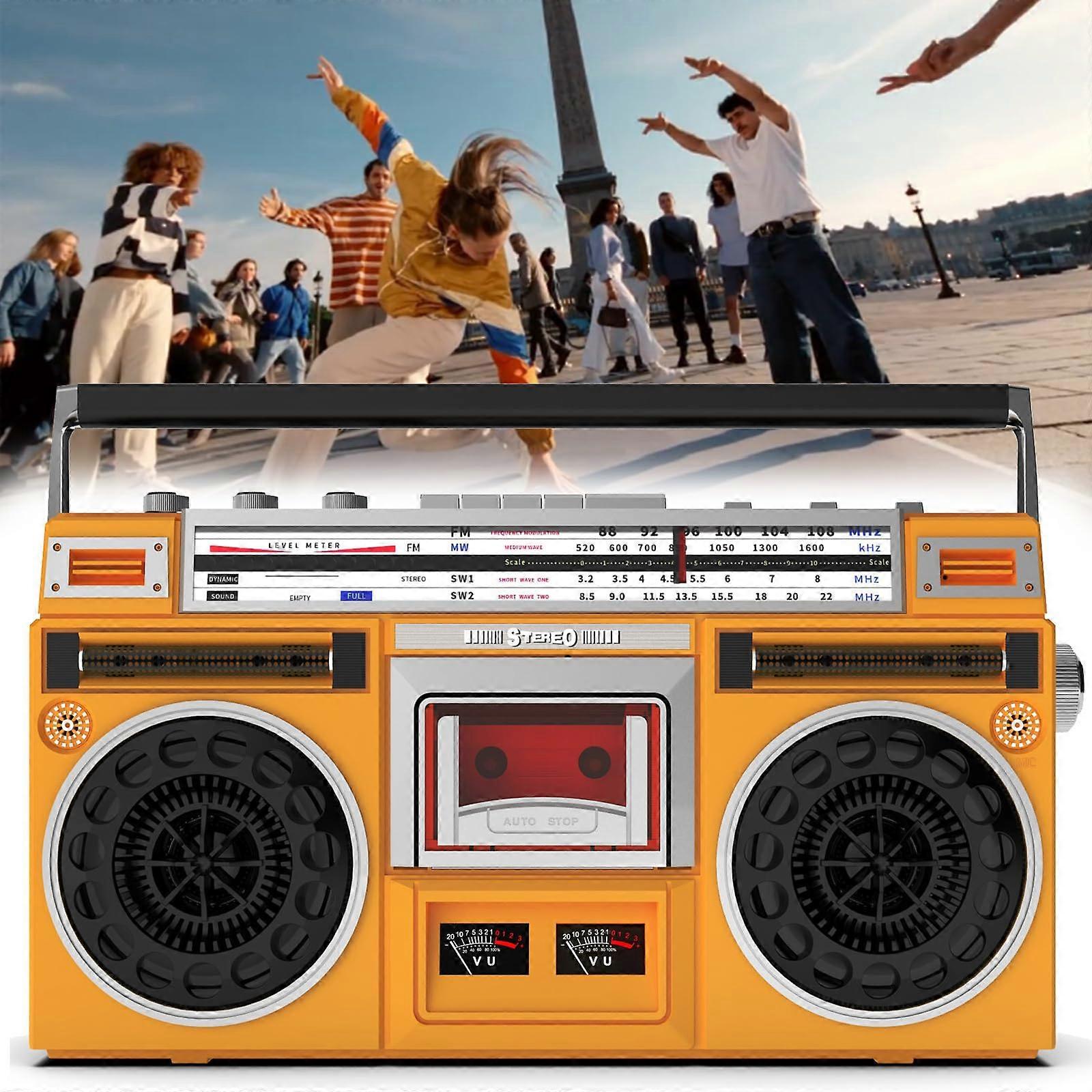 Portable Cassette Stereo Speaker And Tape Player Bluetooth Boombox With Earphone Jack AM/FM/SW Radio SD/USB Input Orange