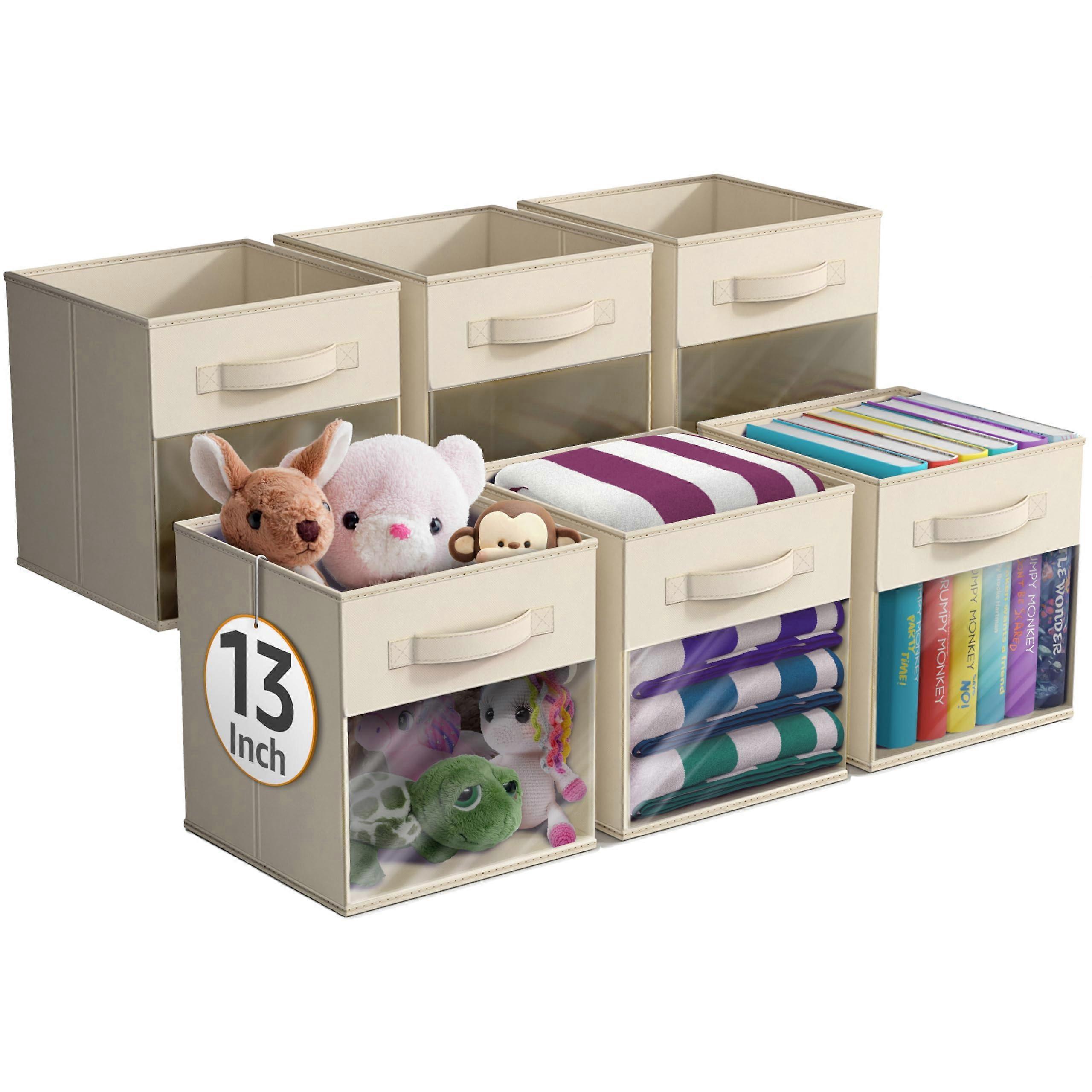 13 Inch Foldable Fabric Storage Cubes with Clear Window and Handle, Closet Organizer Bins, Beige