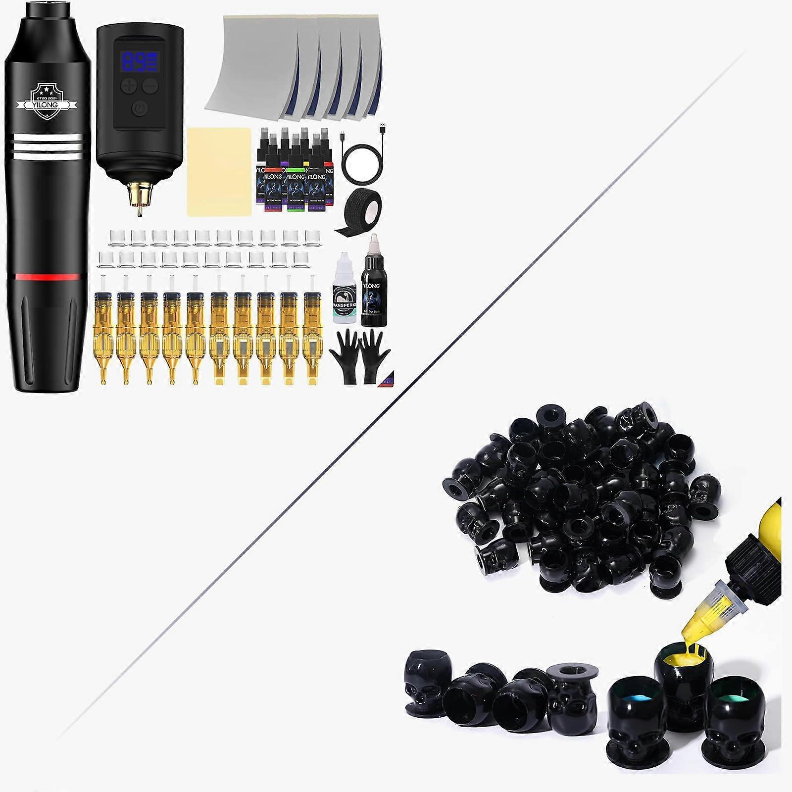 Wireless Tattoo Kit with Skull Ink Cups, Adjustable Voltage, Low Noise Motor, Complete Accessory Set