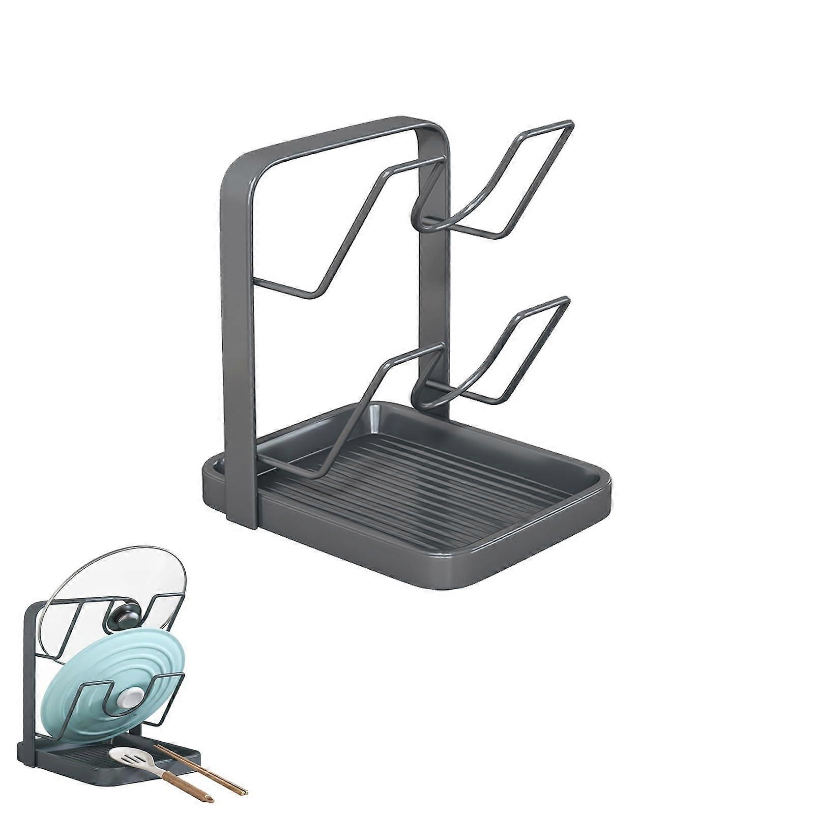 Pot Lid Organizer with Utensil Tray, RustResistant Steel Kitchen Storage Rack, 2 Compartment