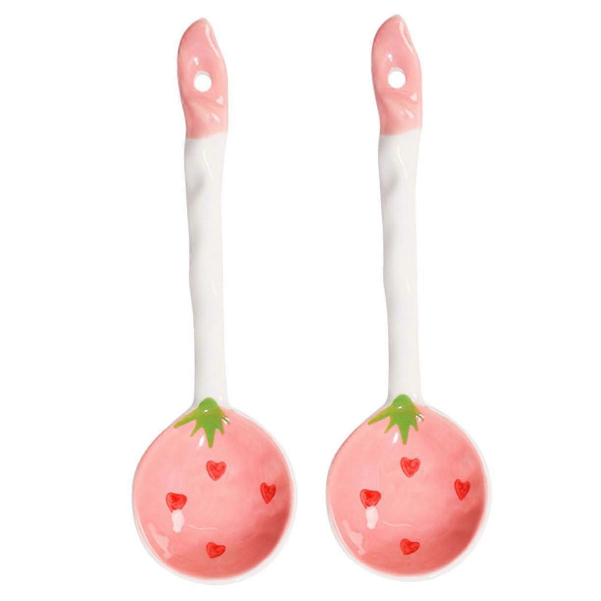 Pink Ceramic Soup Spoon with Strawberry Pattern, Cute Japanese Ramen Spoon, Rounded Handle, 2pcs