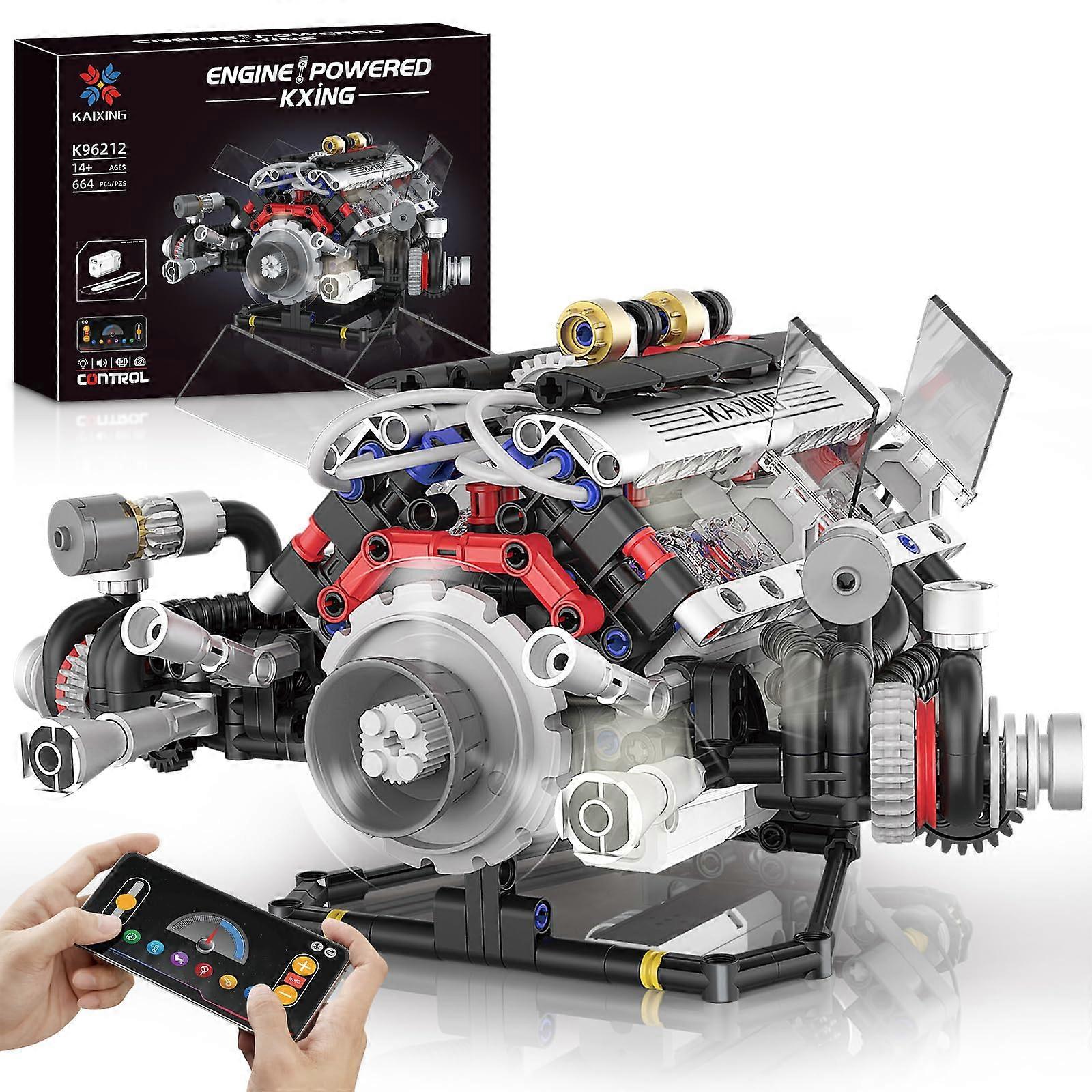 V8 Engine Model Kit with Visible Piston Motion, App Control, Lights, STEM Build Set 664 PCS
