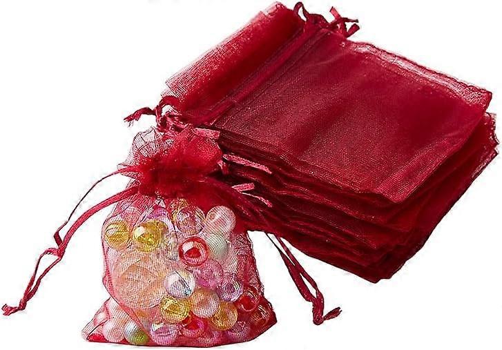 50Pcs Rectangle Organza Drawstring Bags FireBrick 9x7cm