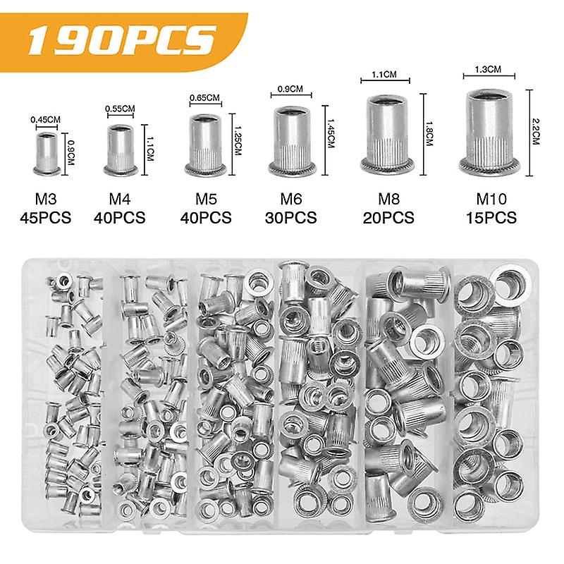 190/165/100Pcs M3 M4 M5 M6 M8 M10 Aluminum Flat Head Rivet Nuts Nutsinsert Cap Thread Insert Rivet Nut Tool Set