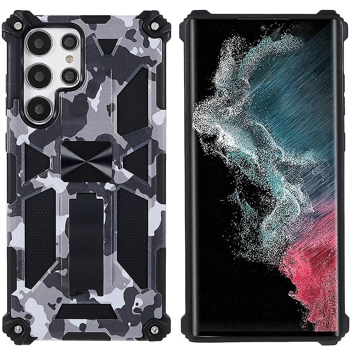 Built-in Kickstand Camouflage Design Anti-Fall Phone Back Cover for Samsung Galaxy S22 Ultra 5G