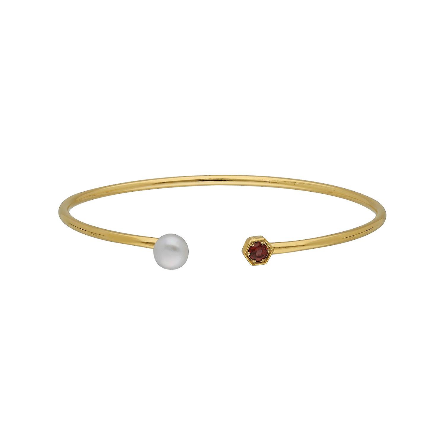 Geometric Pearl & Garnet Open Bangle in Gold Plated Sterling Silver 270B009302925