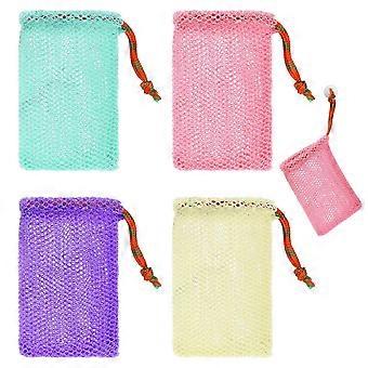 Paquet de 4 économiseurs de savon, filets exfoliants pour le bain et la douche, sacs en mousse pour le bain et la douche (4 couleurs, 5,5 x 3,5 pouces)