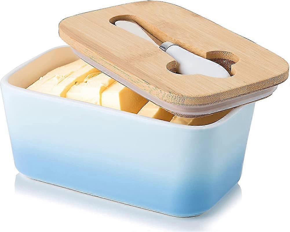 Porcelain Butter Dish With Knife & Wooden Lid. Airtight Butter Keeper