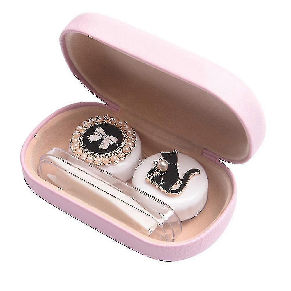 Cute Contact Lens Case Travel Kit Portable Contact Lens Case Container With 2 Contact Lens Cases And Tweezers, Pink Cat Style
