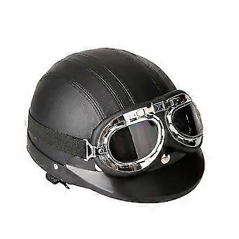 Motorcycle Scooter Open Face Half Leather Helmet With Visor Uv Goggles Retro Vintage Style 54-60cm