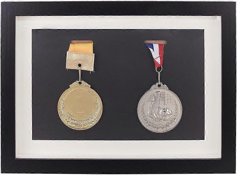 Medal Display Shadow Box Frame Black 12.8x9.4 in Solid Wood Matted Picture Photo Frame Stand Rectangle for Table Top Display and Wall for Runners Socc