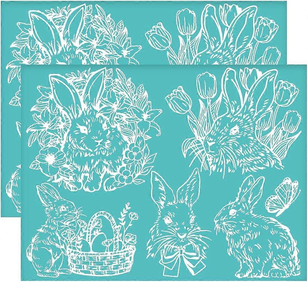 2Pcs 11x8.6 Inch Easter Bunny Self-Adhesive Silk Screen Printing Stencil Rabbit with Flowers Silk Screen Stencil Flower Basket Mesh Stencils Transfer