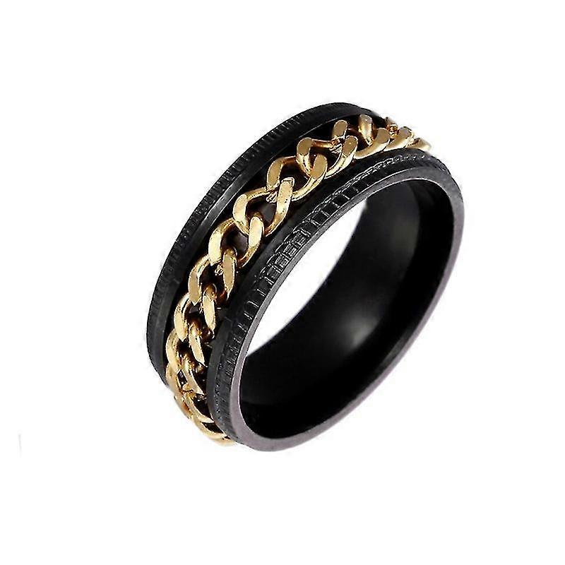 Double Layer Rotating Titanium Steel Couple Ring(8mm Embossed Chain Black Ring Gold Chain)