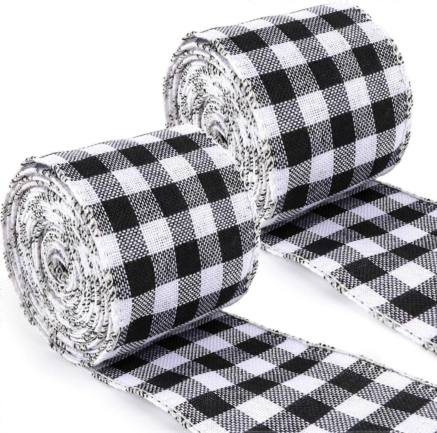 2 Rolls Checkered Wired Edge Ribbon for Christmas DIY Gift Wrapping Craft Decoration White Black