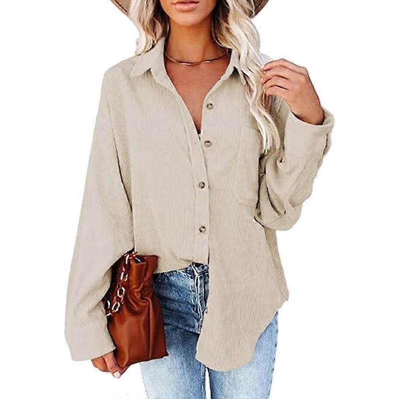 Damen Cord Button-Down-Hemden Langarmblusen Oberteile