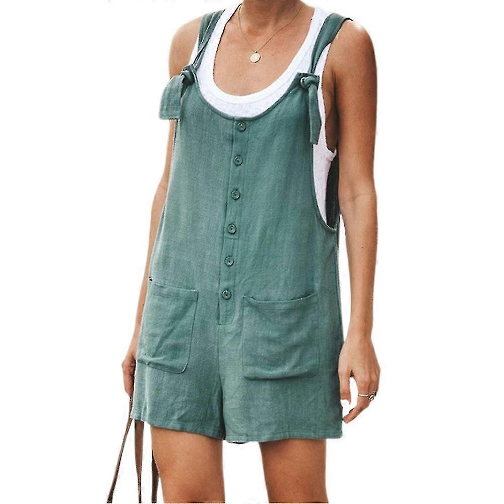 Plus Size Womens Round Neck Buttons Casual Short Jumpsuit Pocket Shorts Playsuit Long Overalls