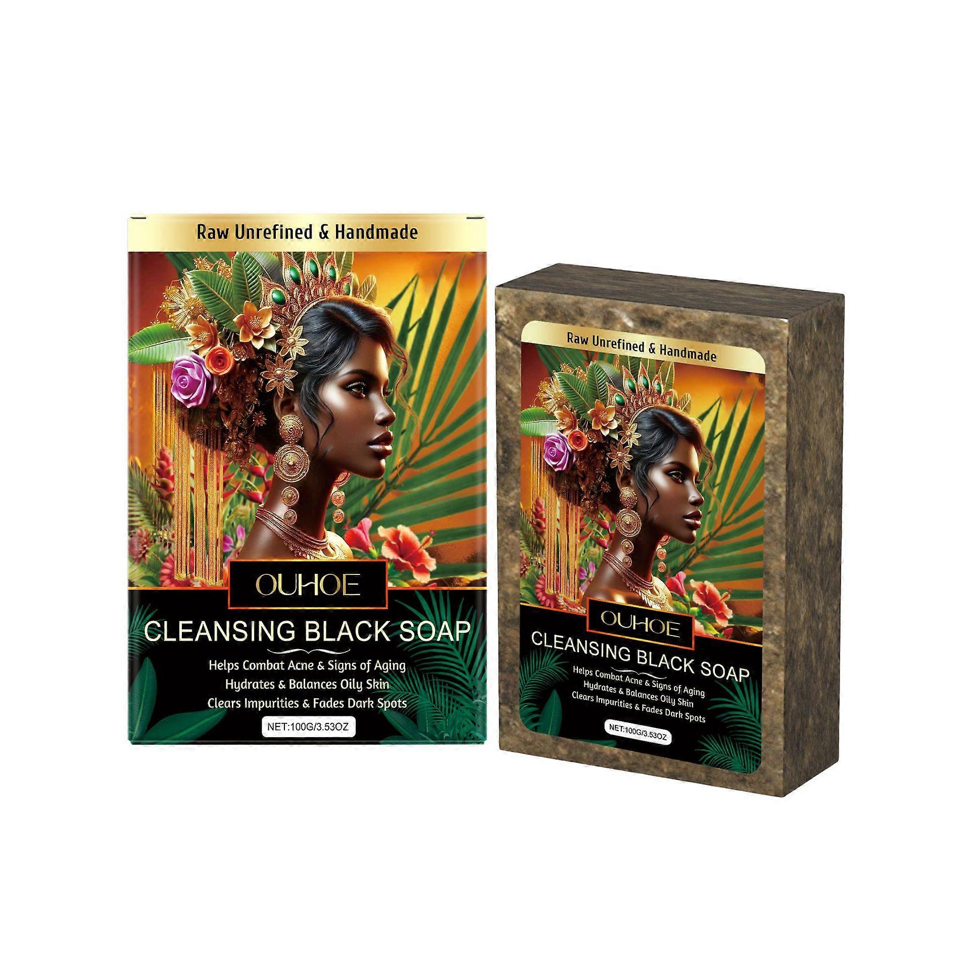 Black Soap, 100% Raw Unrefined & Handmade Soap Bar for Troubled Skin, Face & Body Cleanser Soap for Dark Spots, Dry Skin, Acne & Signs of Aging 100g