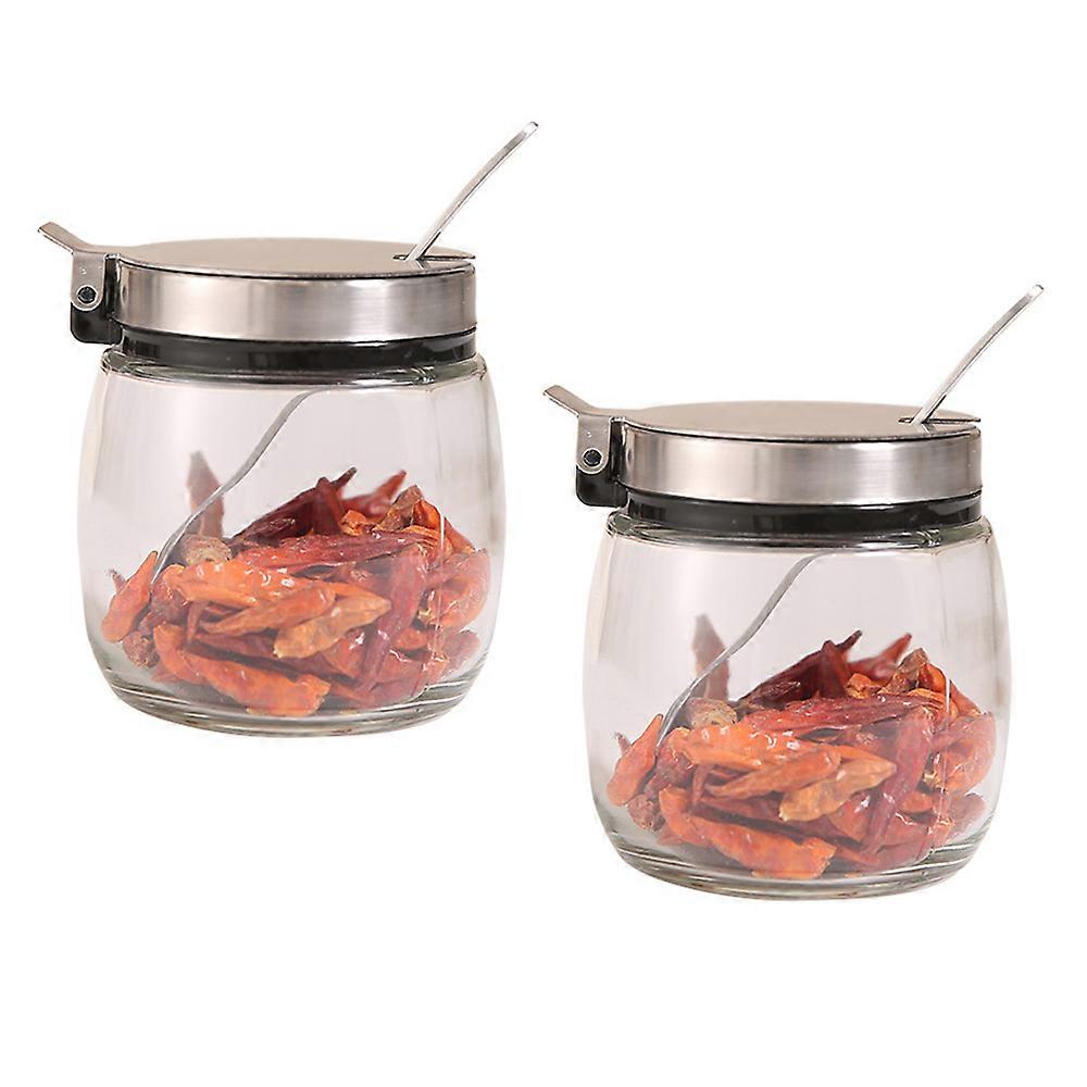 Condiment Jar Spice Container with Spoons,Clear Glass Condiment Canisters Pots