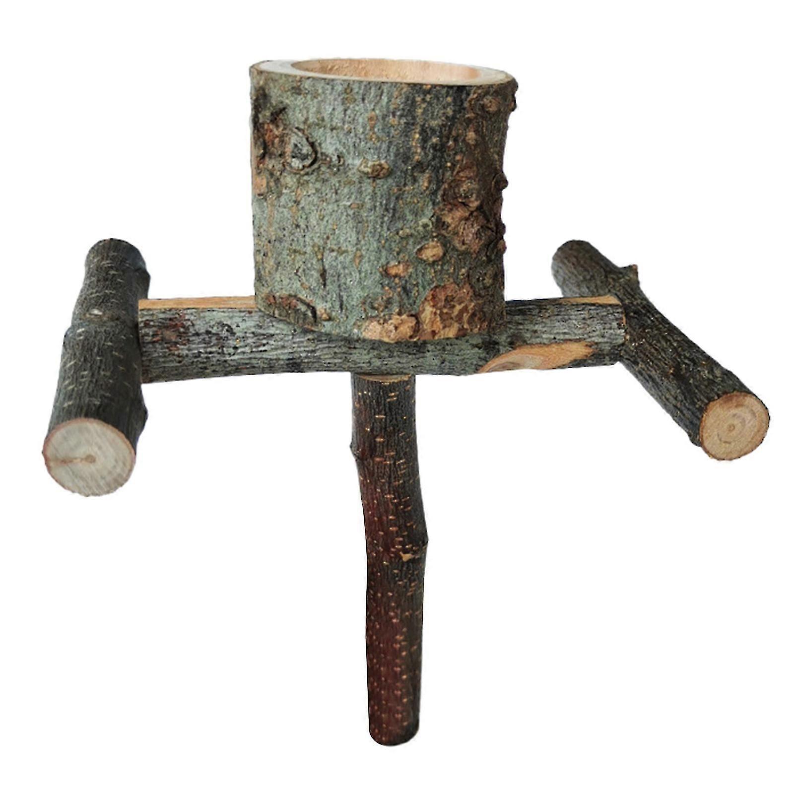 Bird Perch Feeder Natural Wood Stand with Wooden Feeding Cup Parrot Chew Toy