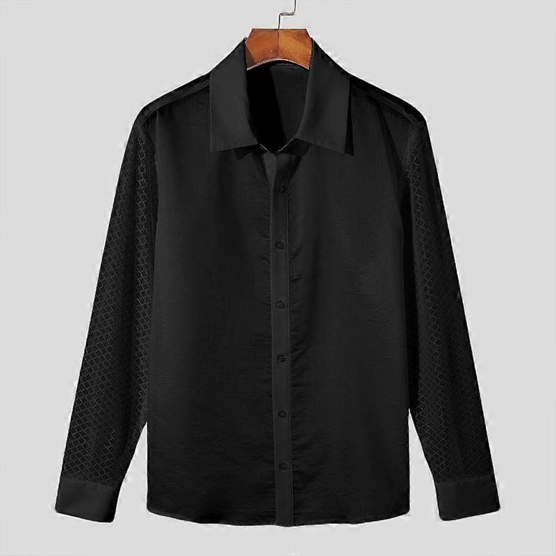 INCERUN Men Turn Down Collar Patchwork Long Sleeve Mesh Shirts Button Down Lace Tops