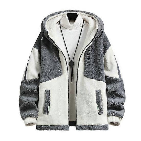 Fall Winter Men Jacket Colorblock Hooded Zipper Closure Cardigan Thick Plush Letter Decor Warm Long Sleeve Pockets Cold Resistant Men Coat