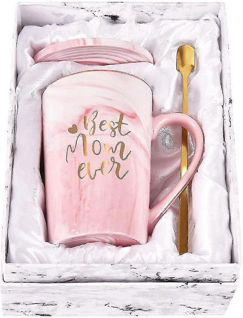 Water Cup, Pink Marble - Patterned with "Best Mom Ever" Print, Comes with Lid and Gold - Colored Spoon, in Gift Box