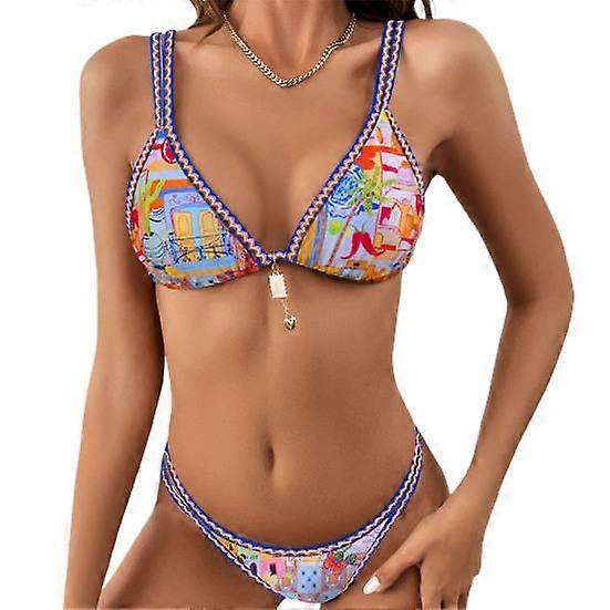 2Pcs/Set Women Bathing Suit Fashion Print Double Layer Sling Bandage Backless Bikini