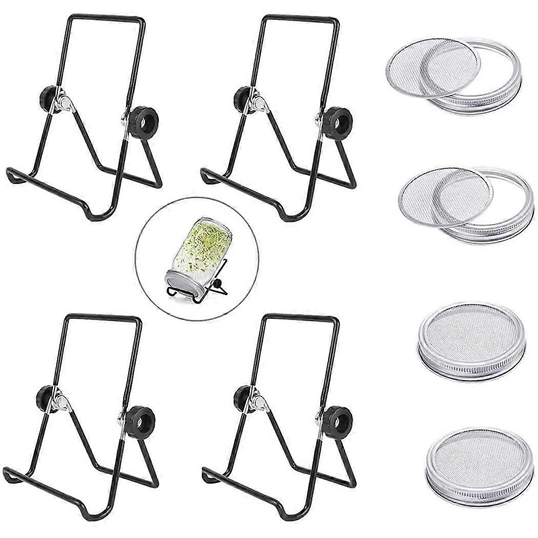 4pcs Mason Jar Lids, 4pcs Sprouting Jar Stands, Stainless Steel Screen, Sprouting Stands Foldable Adjustable