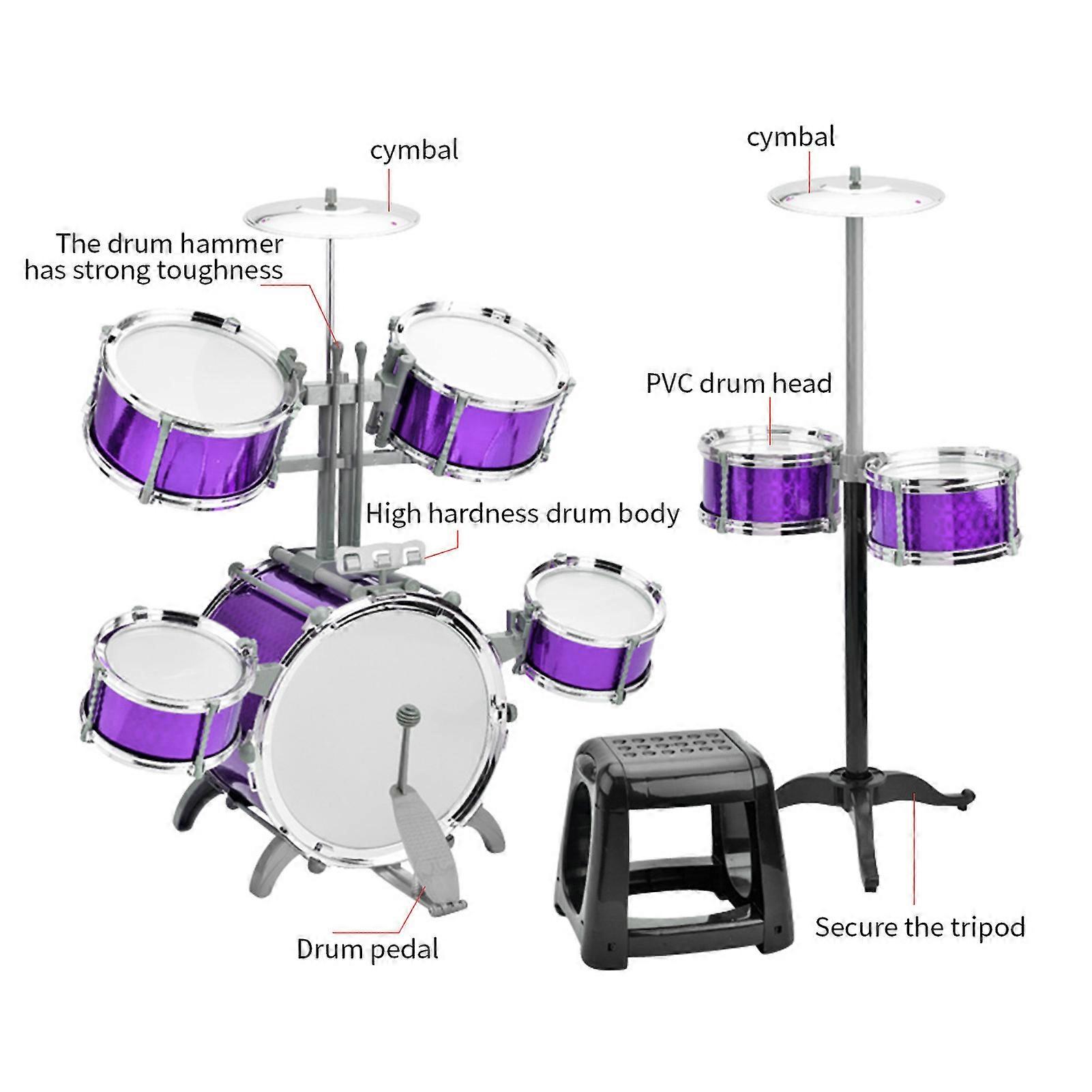 7-Piece Jazz Drum Set with Stool, Thick PVC Heads, Red/Blue