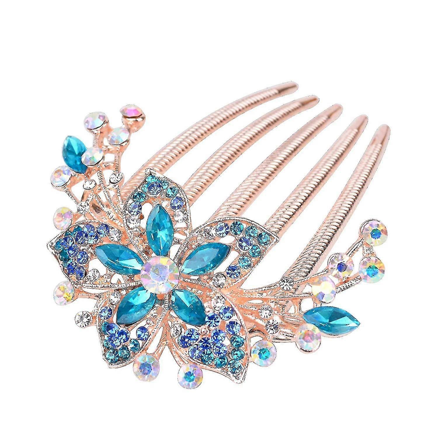 Flower Rhinestones Hair Combs Accessories (blue)