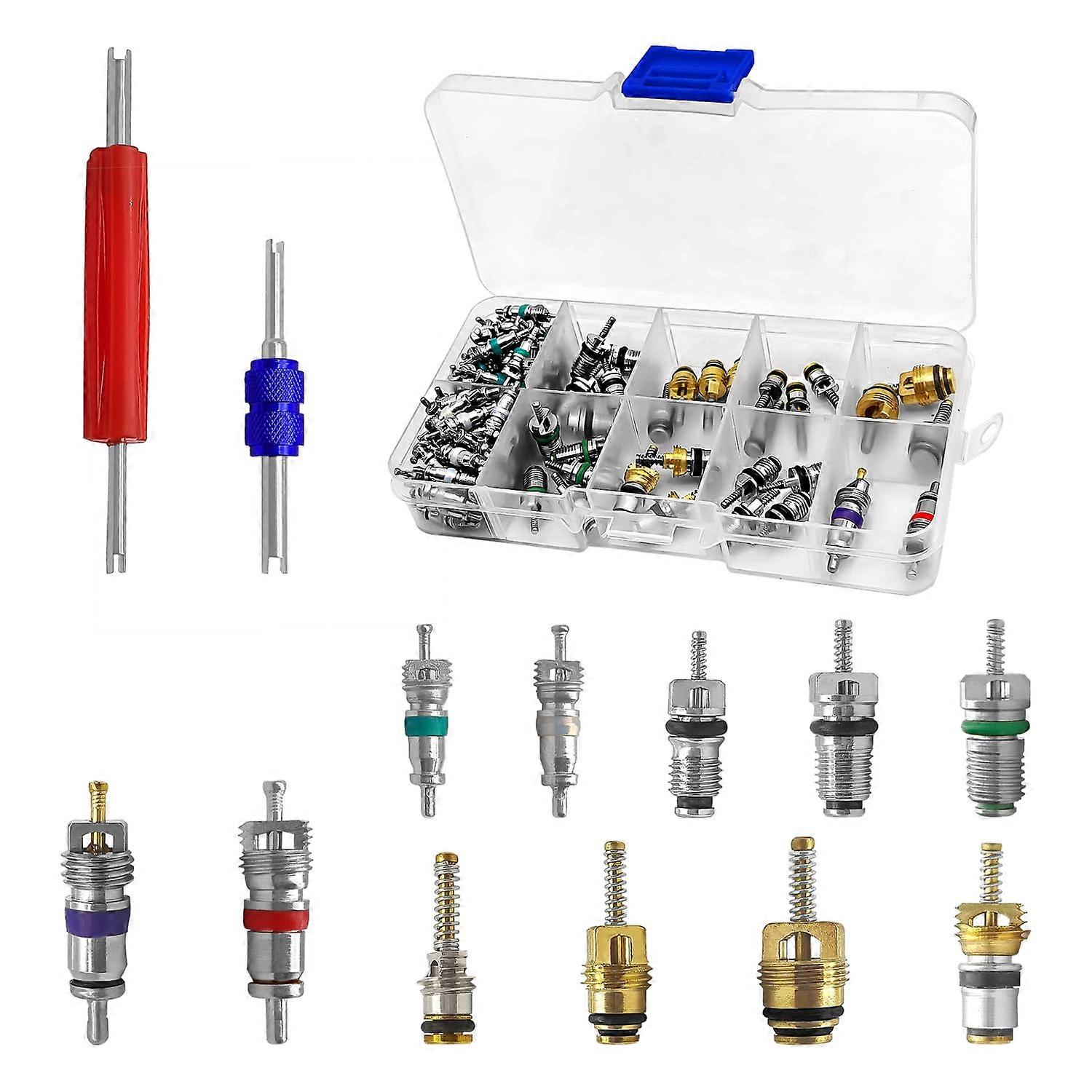 102PCS A/C R12 R134a Car Air Conditioner Valve Core Seal Kit with Dual Head Dismantling Tool for Tire Valve Stem Repair