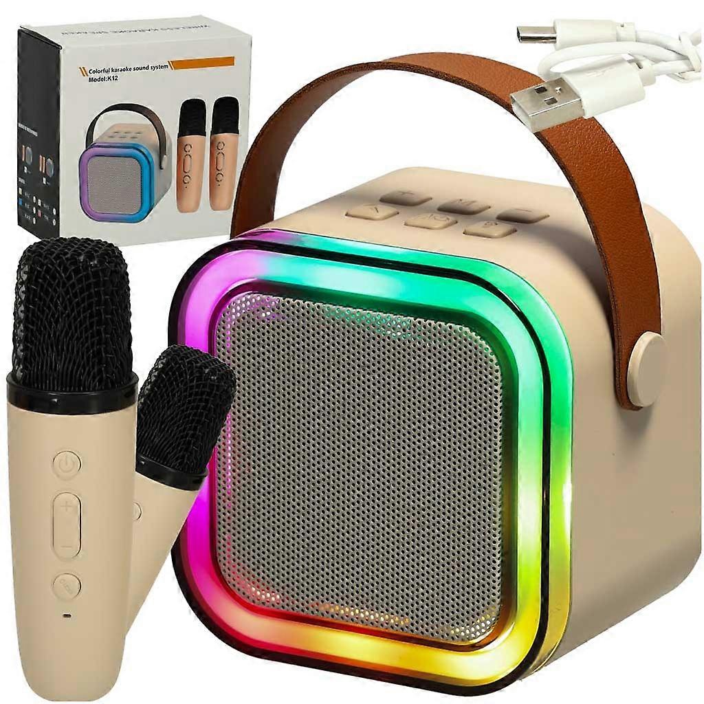 Karaoke súprava 2 mikrofóny + prenosný reproduktor BLUETOOTH USB LED béžová