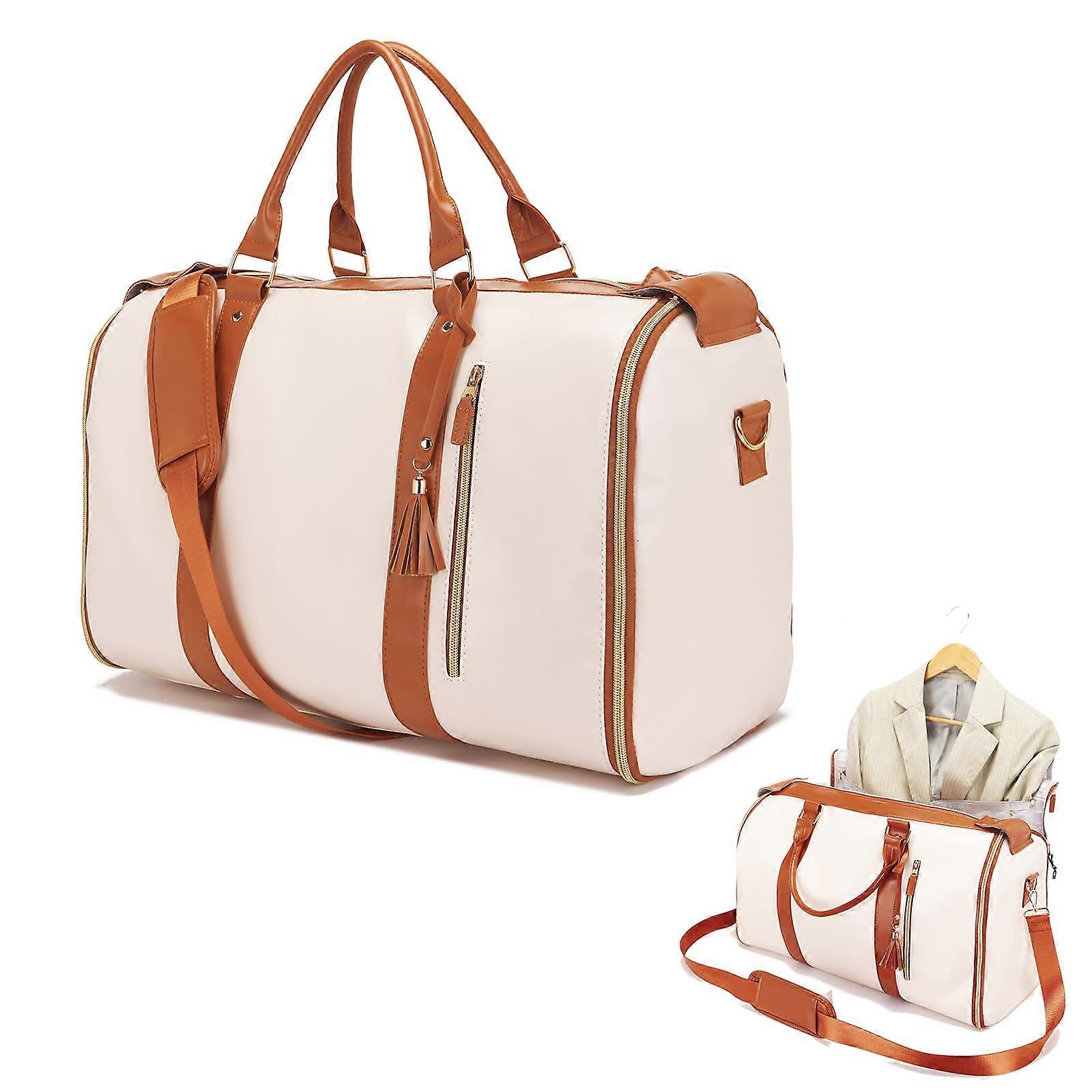 Garment Bag Duffel Bag Suit Travel Bag, Large White Leather Duffle with Shoe Pocket, 3 in 1 Hanging Suitcase