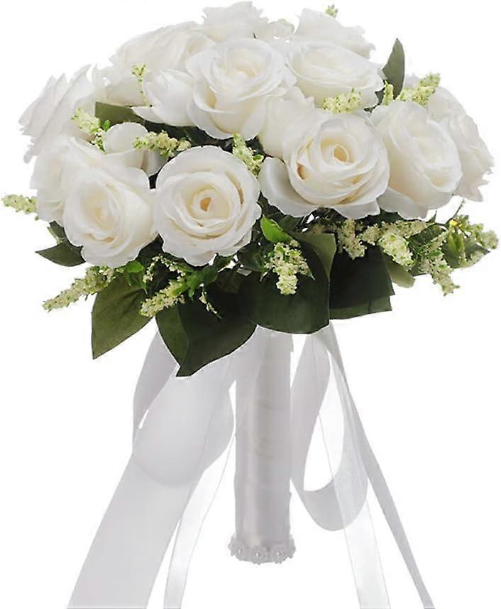 Wedding Bouquets for Bride and Bridesmaid, Rustic Creamy White Artificial Roses with Silk Ribbon and Beads, Hand-Held Floral Arrangement